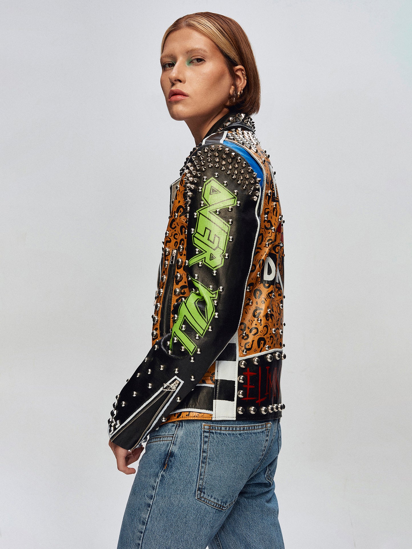 PUNK LEOPAR LEATHER BIKER JACKET