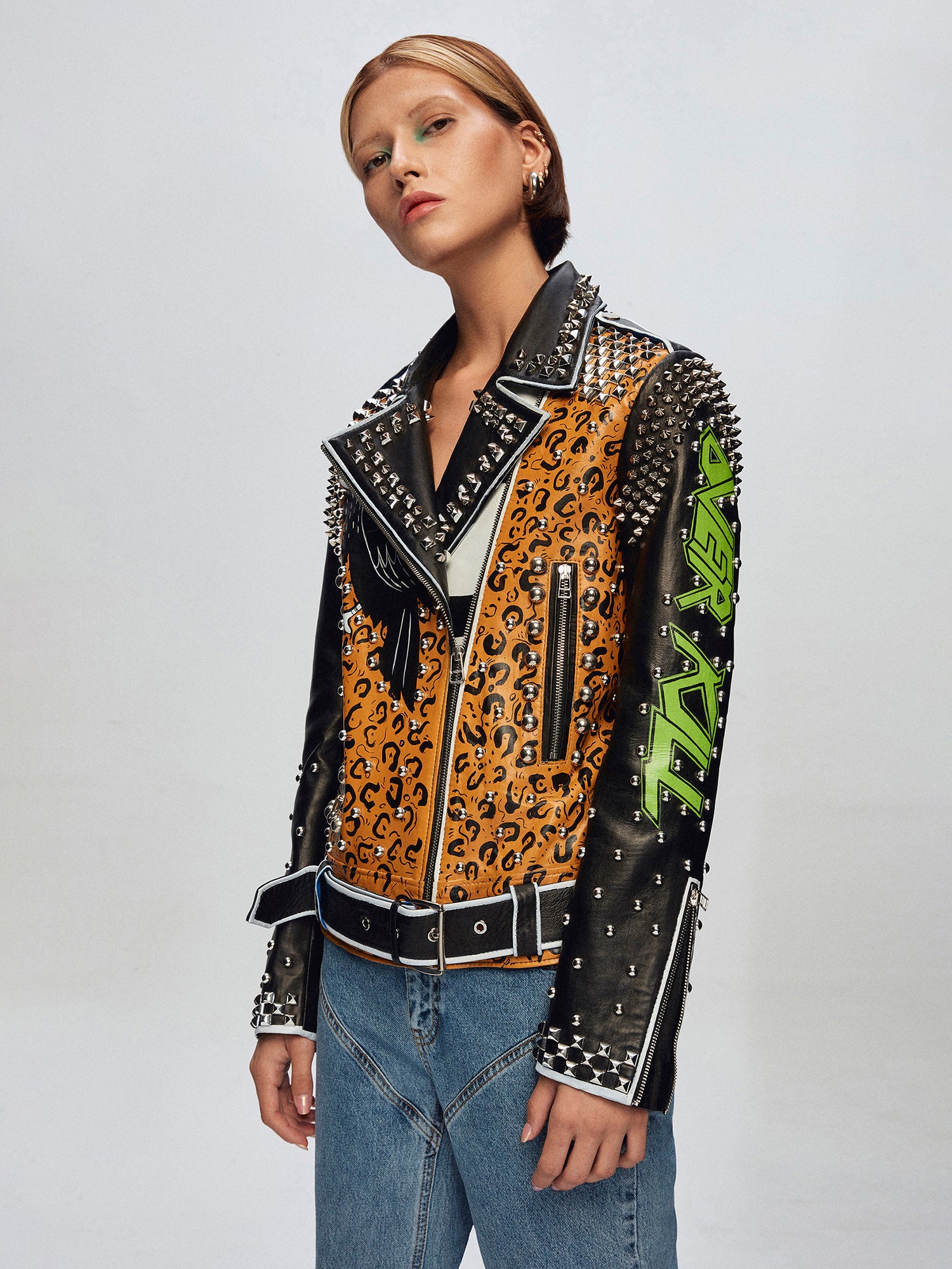 PUNK LEOPAR LEATHER BIKER JACKET