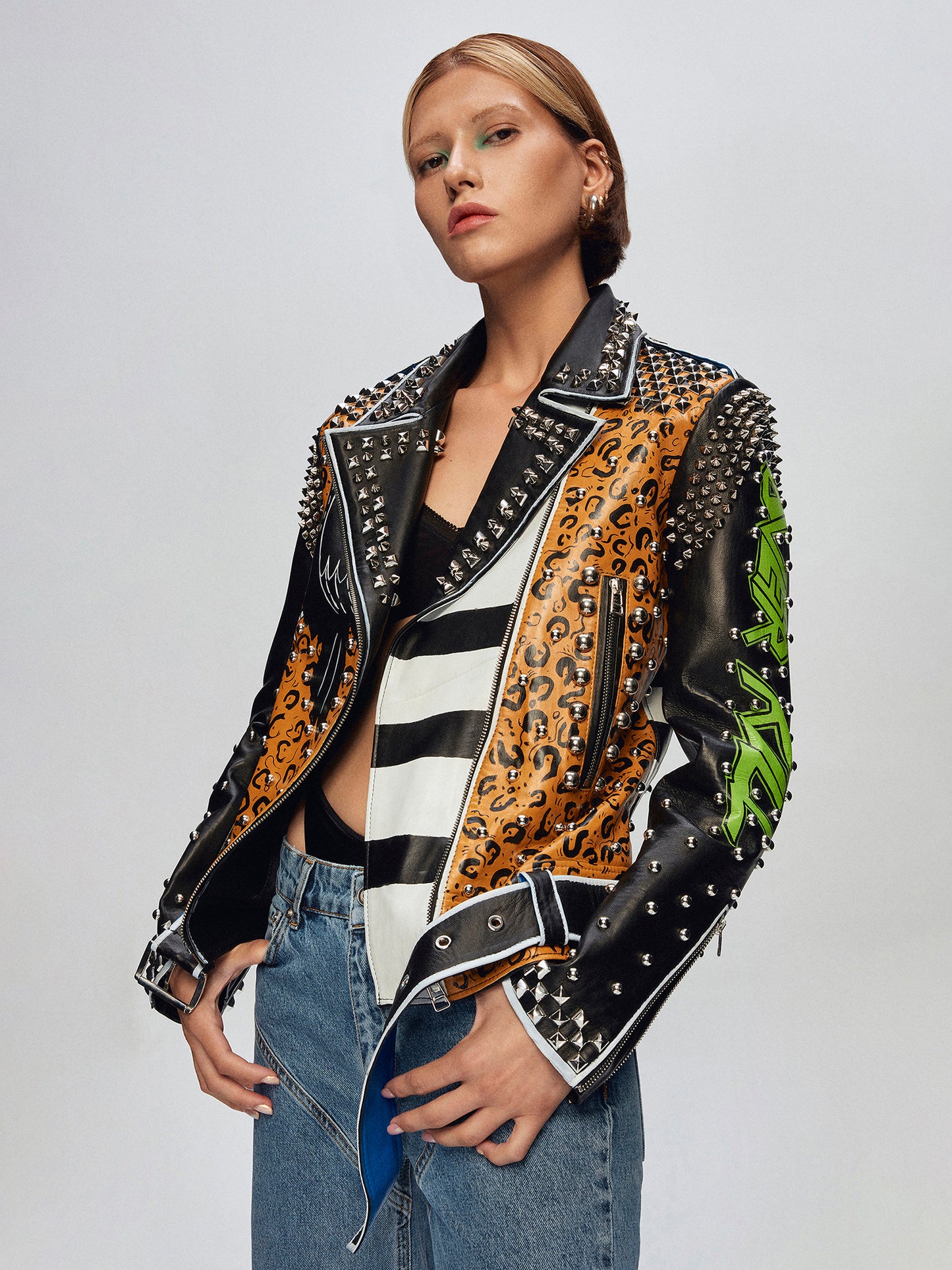 PUNK LEOPAR LEATHER BIKER JACKET