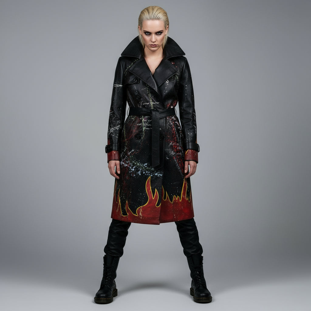 GOD FIRE LEATHER TRENCH COAT